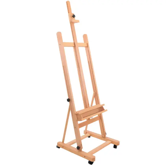 Medium Wooden Studio H Frame Easel with Storage Tray and Wheels - Adjustable to 96" High, Holds 48" Canvas - Beechwood Artist Easel for Painting, Art Display, Portraits {1}