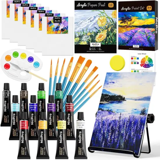 34PCS Art Painting Supplies Kit,12 Colors Acrylic Paint,Table Easel,6 Canvas Panels,10 Brushes {1}