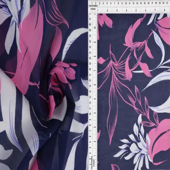 1 Yard Lightweight Navy & Pink Polyester Chiffon 57/58&Prime; Wide Floral-Accent Fabric {4}
