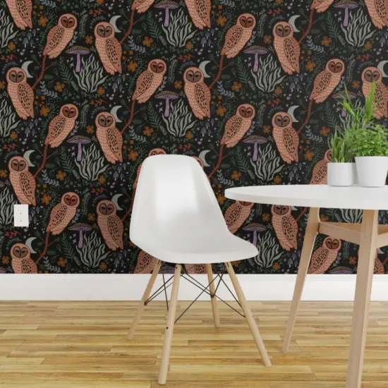 Pre-Pasted Wallpaper 2FT Wide Moody Whimsical Gothic Owls Mushrooms Woodland Creatures Mystical Witchy Dark Academia Whimsigoth Moon Night Sky Witches Large Scale Custom Pre-pasted Wallpaper by Spoonflower {1}