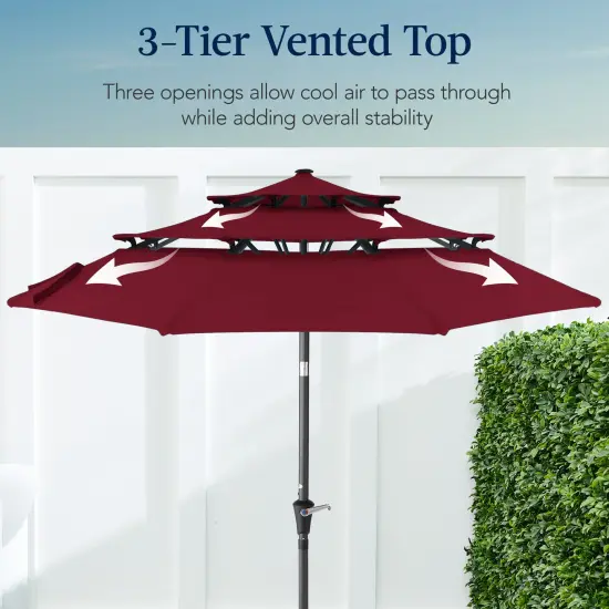 Best Choice Products 10ft 3-Tier Patio Umbrella, Market Sun Shade w/ Tilt Adjustment, Easy Crank Burgundy {3}