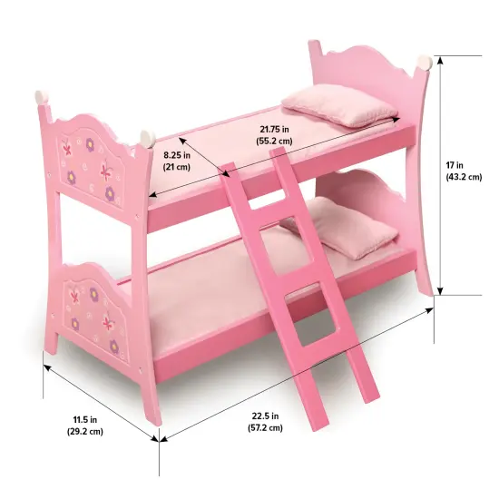 Badger Basket Blossoms and Butterflies Doll Bunk Bed with Ladder and Bedding - Pink {4}