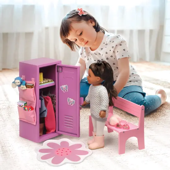 Badger Basket School Style Single Doll Locker Set with Bench, Rug and Accessories - Purple/Pink {2}