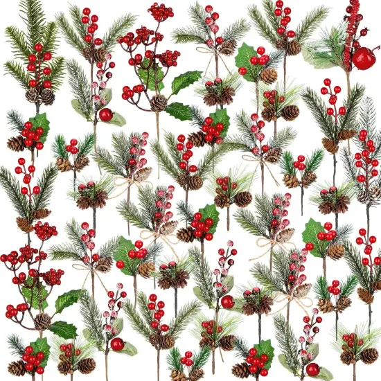 50 Pieces Christmas Floral Picks Christmas Artificial Snowy Berry Picks Stems {1}