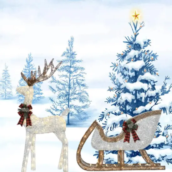 48"H Silver Deer with 38"L Sleigh Lighted Outdoor Christmas Display {5}