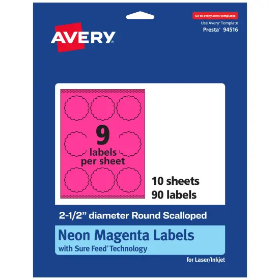 Avery Neon Magenta Paper Labels, 2.5" Diameter Round Scalloped {7}