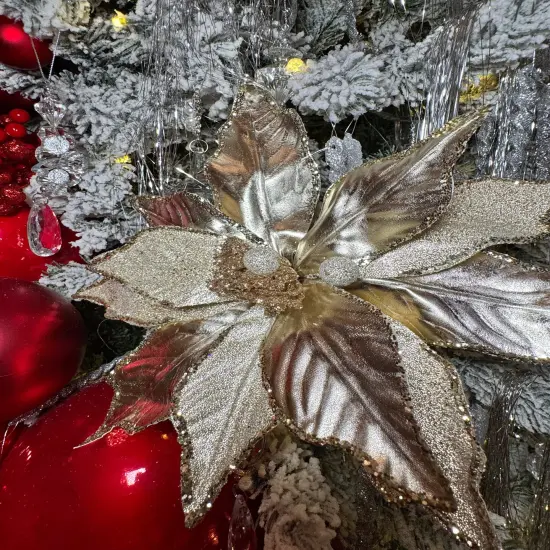 Christmas Flower Metallic Champagne Frosted Beads Poinsettia Stem Spray 12'' Set of 3 {4}