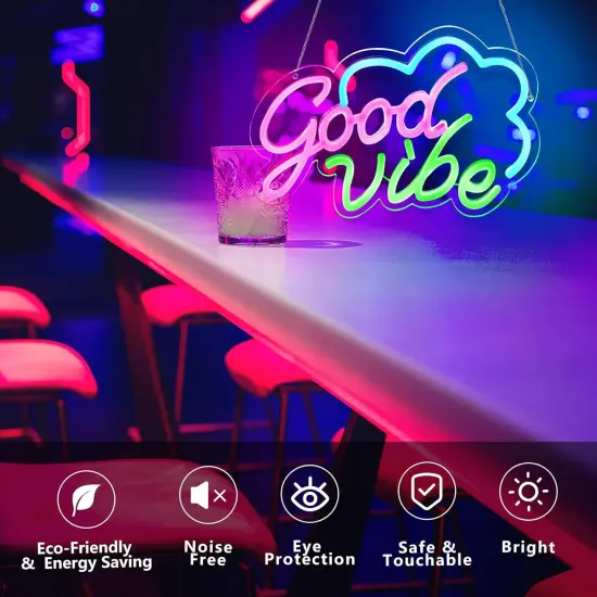 Good Vibe Neon Sign &ndash; Pink LED Wall Decor for Bedroom, USB Powered & Dimmable Summer Accent Light {2}