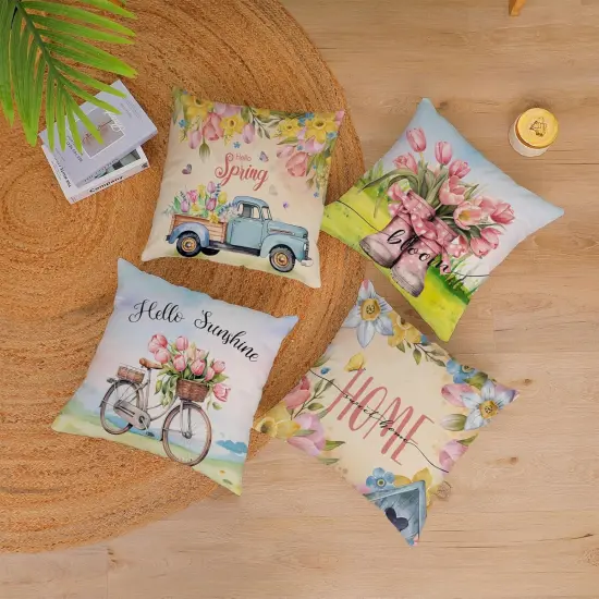 Hello Spring Pillow Covers 18x18 Set of 4 Soft Velvet Spring Summer Floral Throw Pillows Decoratives Cushion Covers Truck Biycle Flower Pillow Cases for Home Sofa Couch Outdoor Decorations 18 {4}