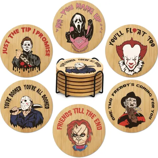 6Pcs Horror Movie Character Spooky Coasters Gift Set with Holder {1}