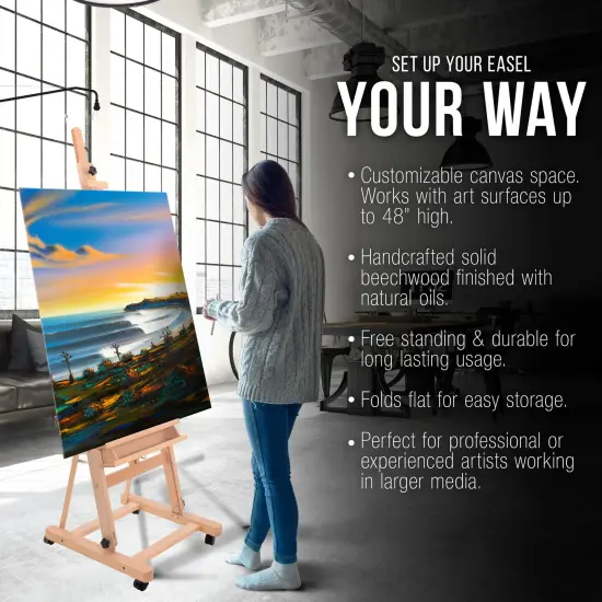 Medium Wooden Studio H Frame Easel with Storage Tray and Wheels - Adjustable to 96" High, Holds 48" Canvas - Beechwood Artist Easel for Painting, Art Display, Portraits {4}