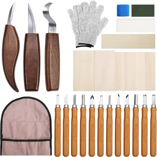 Wood Carving Kit 29 in-1 Wood Carving Tools with 3 Pcs Wood Carving Knives & 12PCS Detail Knives，Basswood Blocks & Gloves & Roll Bag & Strop Block & Polishing Compound Whittling Deluxe Kit {1}