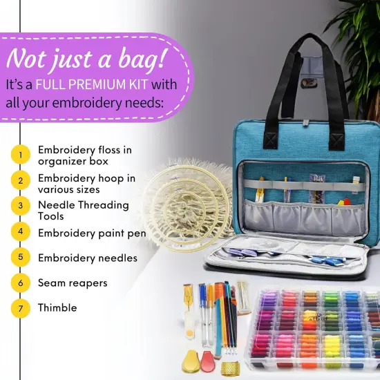 Full Range Embroidery and Cross Stitch Starter Kit with Premium Storage Organizer Bag, Includes 99 DMC Coded Cotton Threads, 9 Metallic Floss, 3 Hoops, Needles, Scissors + More (Turquoise) {2}