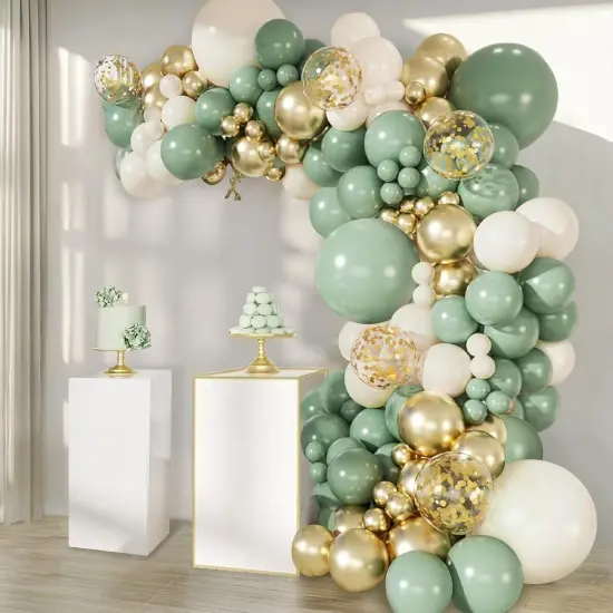 Sage Green Balloons Arch Kit, Green And Gold Balloons White Sand Olive Confetti Balloons Arch for Birthday Baby Shower Bridal Shower Engagement Baptism Wild One Party Decorations {1}