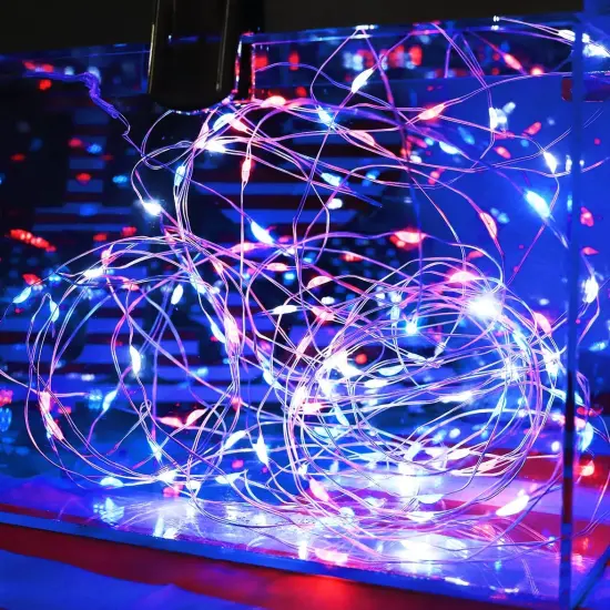 4th of July Decorations Fairy Lights - Red White Blue String 100LED Copper Battery Operated Remote Control Patriotic for Independence Memorial Day - 4 Pack {2}