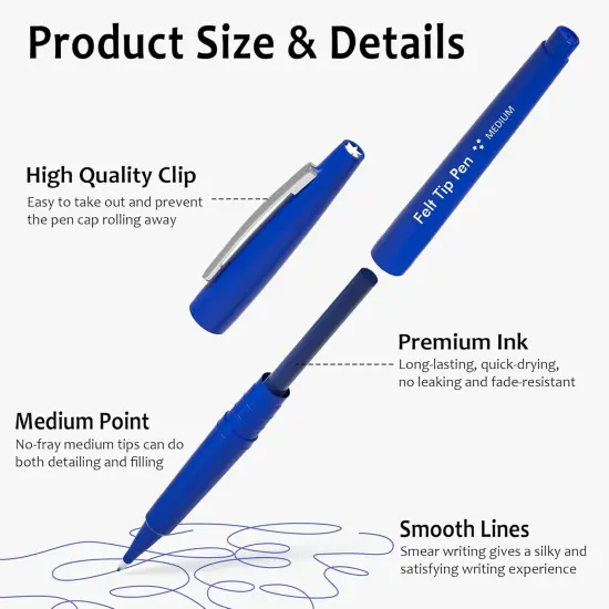 Felt Tip Pens, 40 Blue Pack, 0.7mm Medium Point, Felt Tip Markers Pens for Journaling, Writing, Note Taking, Planner, Perfect for School Office and Art Supplies {2}