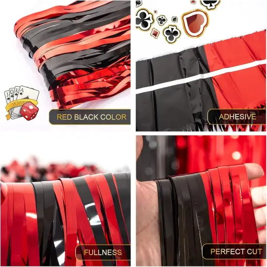 Casino Theme Party Decorations, 3 Pack Red and Black Birthday Party Supplies 3.3 x 6.6ft Tinsel Foil Fringe Curtains Photo Booth Props Backdrop Streamers, House Room Decor for Las Vegas Party {3}