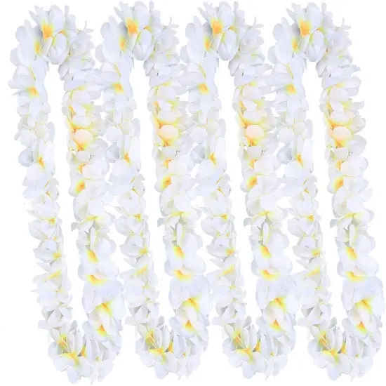 6 Pack Summer White Hawaiian Leis Necklace Tropical Luau Hawaii Wreaths Silk Flower Lei Thickened Dance Garland Flower Leis {2}