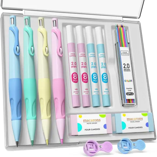 4PCS Thick Barrel Mechanical Pencil with Comfort Grip, 2.0MM Ergonomic Mechanical Pencil with 44PCS Lead Refills, 2PCS Sharpeners/Erasers, Aesthetic School Supplies for Writing Drawing {1}