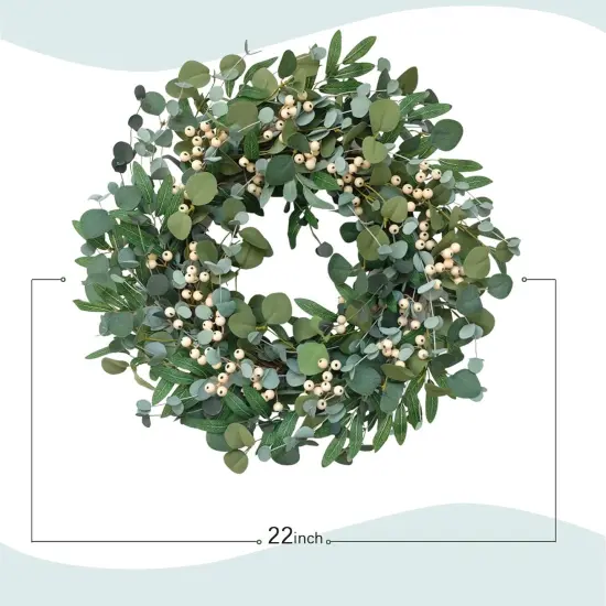 22 inch Artificial Summer Wreath for Front Door Evergreen Eucalyptus Decoration Wreath with Berries Home Party Indoor Outdoor All Season Decor {3}