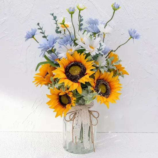 Summer Faux Flowers with Vase, Artificial Silk Sunflower in Vase Centerpiece Coffee Table Decor, Fake Plant Daisy Flower Arrangement for Fall Decorations Indoor Home Office Living Room Farmhouse {1}