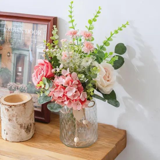 Fake Flowers with Vase, Pink Hydrangea Artificial Flowers in Vase Faux Rose Flowers Arrangement Suitable for Home Kitchen Living Room Fall Spring Decor Office Decoration, Centerpiece Table Decorations {4}