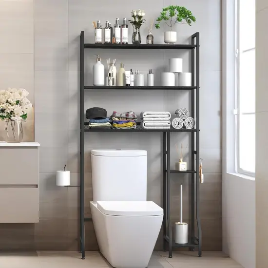 33" Extended Over The Toilet Storage Rack - Freestanding Bathroom Organizer with Adjustable Shelves, Hooks, Industrial Metal & Wood Design, Black - Easy Assembly {1}