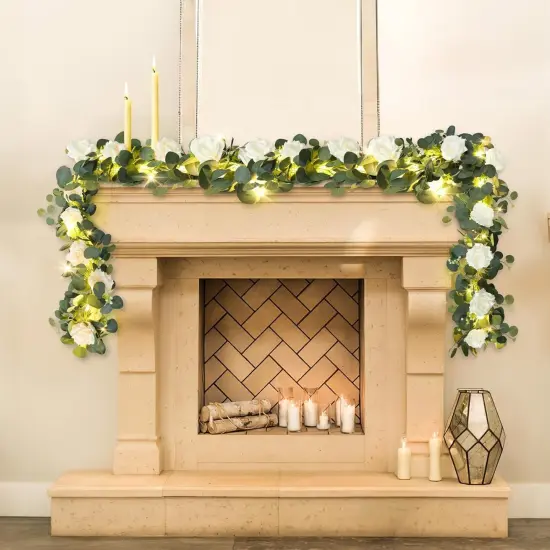 2 Pack 13.2FT Eucalyptus Garland with Lights - Spring Gypsophila Flower Garland with 24 White Roses Artificial Floral Greenery Vine for Arch Table Centerpieces Backdrop Party Wedding Decor {4}
