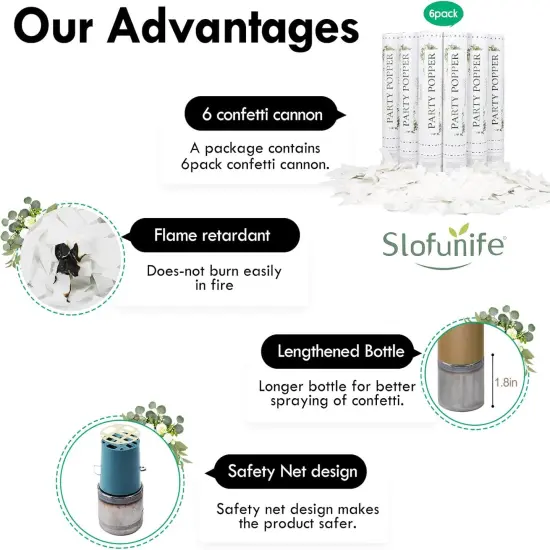 6 Pack White Confetti Poppers,12Inch Confetti Poppers Party Shooter Air Powered,Launches 20-25ft,Party Poppers For Birthday,Indoor Party,Celebrations,Photo Shoots and New Years {2}