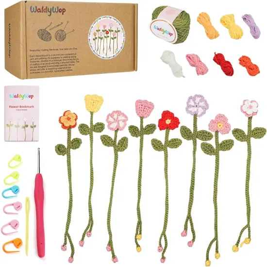 Crochet Kit for Beginners - 8 Flower Bookmarks Crocheting Kit w/Step-by-Step Video Tutorials & Soft Yarn and Hooks - Wobbles Crochet Starter Kit for Adults Kids, Birthday Gifts for Women Mom {1}