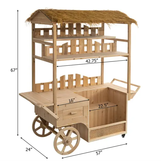 Vintiquewise Versatile Multi-Tier Shelves Wooden Rolling Cart - Perfect for Festival, Event Stand, Food Tasting Table, Garden Floral Display Rack, & Home Decor with Straw Roof and 2 Wood Wheels {6}