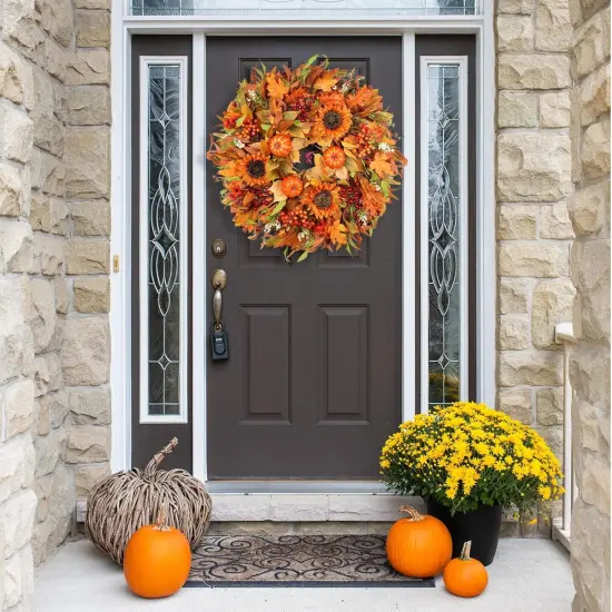 24" Fall Wreaths with Pumpkins, Sunflowers, Daisies, and Berries {4}