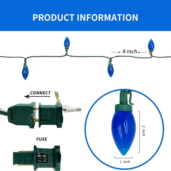 C9 Christmas Lights Outdoor 50 LED Blue Strawberry Waterproof String Lights Xmas Tree Indoor Decoration Plug in 34.5 Feet Used for Home Festive Courtyard Patio Garden(Blue) {2}