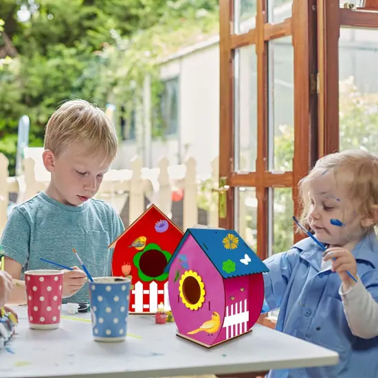 4-Pack DIY Bird House Kit &ndash; Wooden Build & Paint Craft Toy for Kids with Paints & Brushes {4}