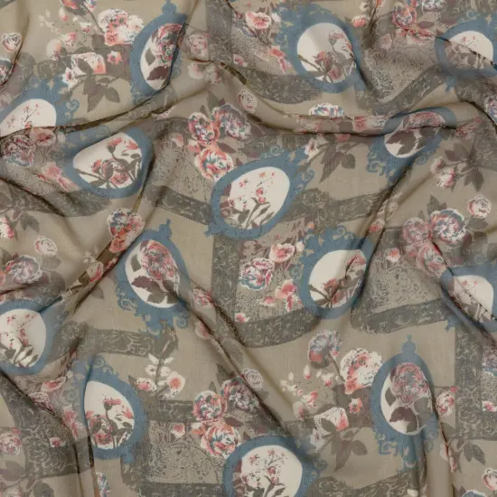 1 Yard Olive Blue Pink Flowers Frames Silk Chiffon 45 inch Width {1}