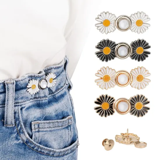 Pant Waist Tightener, Detachable Jean Buttons for Loose Jeans, No Sew and No Tools Button Pins for Jeans, Adjustable Jean Buttons Pins, Daisy Flower Instant Pants Button Tightener 4 Sets {1}