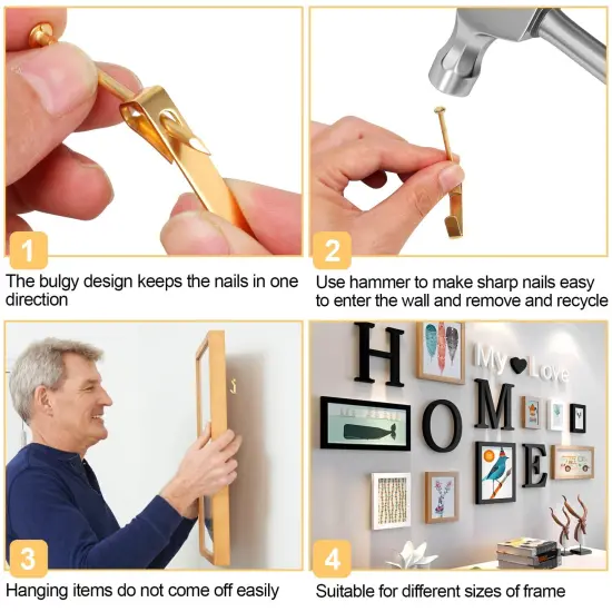 184 Pieces Picture Hanging Kit, 20lb, 30lb, and 50lb Picture Hangers, Metal Picture Hanging Hooks with Nails, on Drywall, Wooden Wall(Gold) {5}