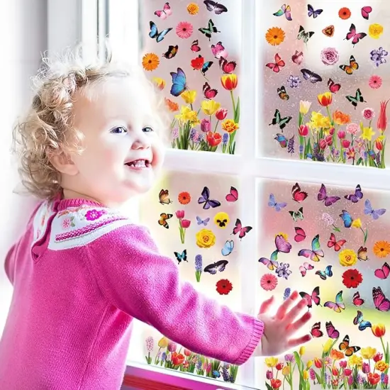 Spring Window Clings Stickers - Enchant Your Glass Windows with 127 Pieces on 9 Sheets - Tulip, Butterfly, and Flower Designs for a Colorful Home D&eacute;cor {2}