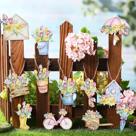 36 Pcs Spring Flower Wooden Ornaments Sunflower Tulip Lavender Tree Decoration Floral Gnome Hanging Wood Cutout Pastel Spring Decor for Home Small Tree Party(Tulip) {4}
