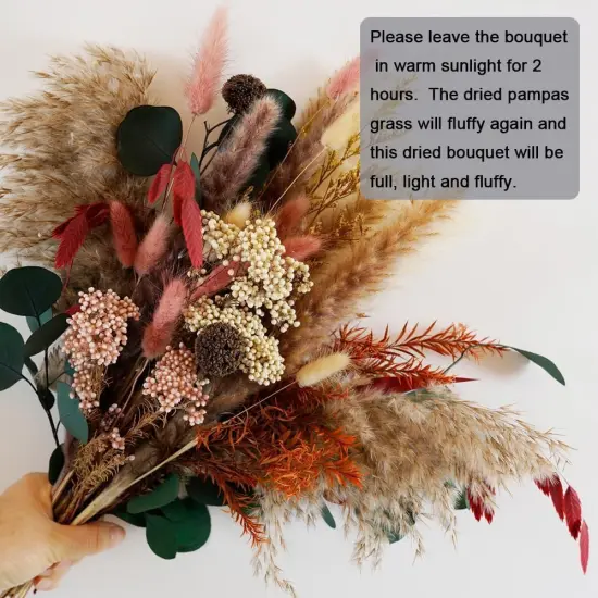 Natural Dried Pampas Grass Bouquet,17" Natural Dried Flower Bouquet，Pampas Grass Silver Dollar Leaf Decoration {2}
