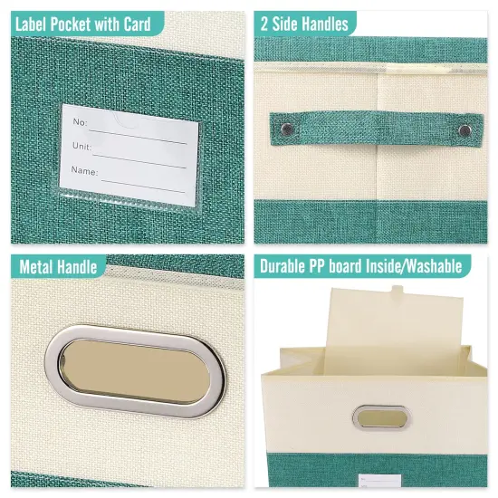 Large Linen Fabric Foldable Storage Bins with Removable Lid and Handles, Washable Storage Box Organizer Containers Baskets Cube with Cover for Bedroom,Closet,Office (Turquoise&Cream, Medium) {4}