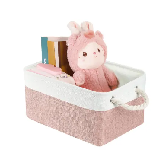 LordCom Storage Bins with Sturdy Cotton Handles(1 Pack), Fabric Storage Baskets for Organizing use for Office & Home, Book, Clothes, Toys, Closet Boxes (Small, Pink-White, 12.2x8.3x6.3 inches) {1}