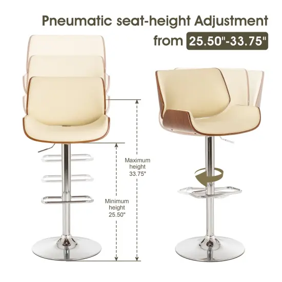 Set of 2 Mid-century Modern Leatherette Adjustable Height Swivel Bar Stool with Black Metal Base Beige {5}