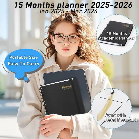 Daily Planner 2025-2026, 15 Month Planner with Tabs, Yearly Monthly Weekly Daily Time Management Planner, January 2025-March 2026, Office Home School Supplies for Women & Men-A5(5.7" x 8.3"), Black, 100GSM Thick Paper, Spiral Bound {2}