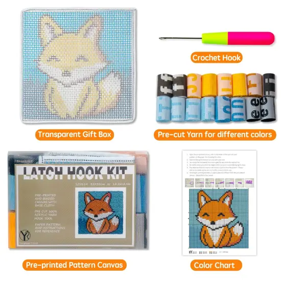YP Latch Hook Kits for Kids Adults DIY Rug Tapestry Kits with Printed Canvas Embroidery Kits Festival Gifts Home Decoration (Fox,11.8inch X 11.8inch) {5}