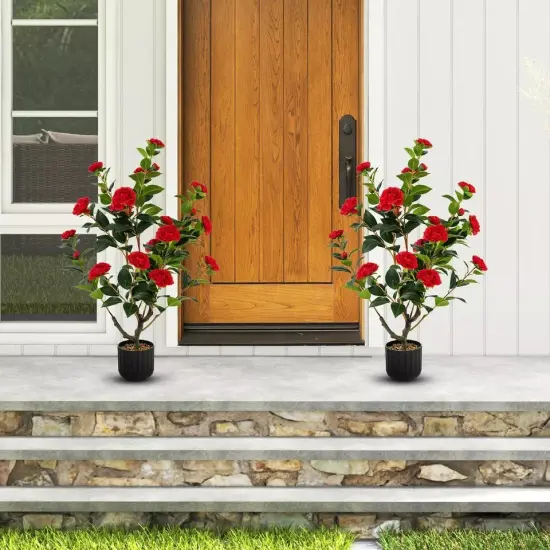 2-Pack 38" Faux Camellia Tree Artificial Floral Plant for Decoration Red {2}
