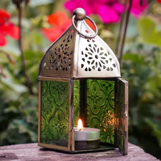 In the Breeze 9202 &mdash; Green Mini Square Tealight Lantern &mdash; Moroccan-Style Boho Chic Tealight Glass and Metal Tabletop Lantern {3}