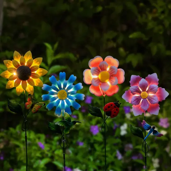 4 Pack Outdoor Solar Lights,Outdoor Waterproof Metal Art Stick Flowers,Garden Decor for Women Mom Grandma Halloween Hanging Metal Stakes Lights for Garden,Lawn,Patio {4}