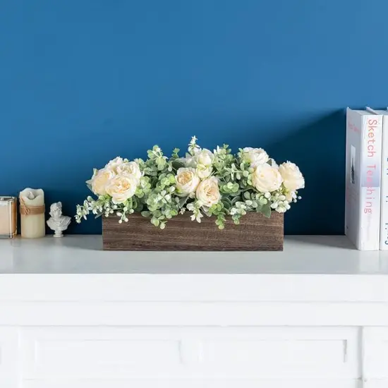 Centerpiece Table Decorations for Dining Room Farmhouse Living Room Table Centerpieces Decor Wood Tray with 3 Artificial Flowers and 2 Eucalyptus for Kitchen Table, 14.1" x 4.7" x 3.1" {4}
