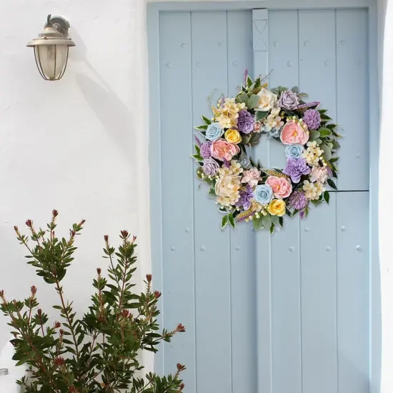 Spring Summer Wreath for Front Door 22 Inch Artificial Floral Wreath with Roses Peonies Hydrangeas Leaves for Door Wall Decoration Wedding Party Home Farmhouse Decoration {5}
